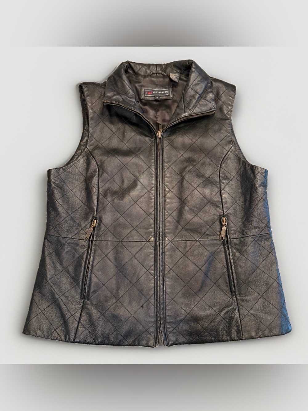 Women’s ROPER Black Leather Full Zip Vest Size Medium Quilted Genuine Leather